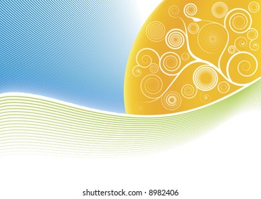 Vector illustration of a gradient mesh sun with modern floral spirals and lined art style waves. Copy space for design elements.
