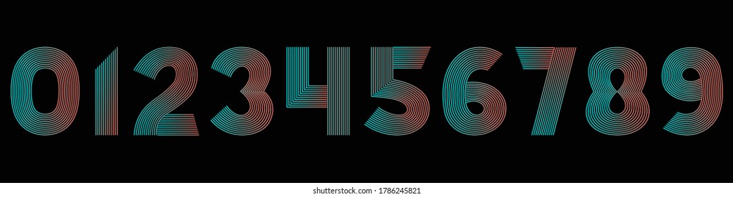 Ilustración vectorial del número lineal geométrico del neón gradiente fijado en negro. Plantilla de signos matemáticos para el diseño, aislado. Estilo disco, futurista, rayas de color medio, arte ciberpunk.