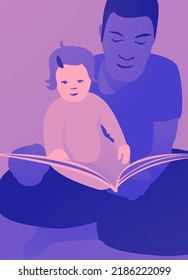 Vektorgrafik in einem Farbverlauf von Rosa und Blau eines Vaters, der ein Buch an ein Kleinkind in seinem Schoß liest. 