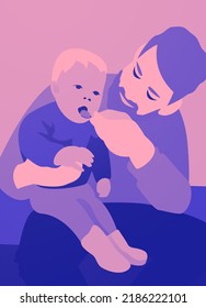 Vector illustration in a gradient of pink and blue of a father feeding a spoonful of food to a baby boy on his lap