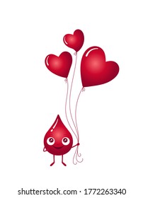 Vektorgrafik eines Farbverlauf-roten Bluttropfen-Charakters, der drei rote, herzförmige Ballons einzeln auf weißem Hintergrund hält. Thema Blutspende. Design für Banner, Karten und andere.