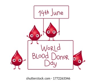 Vektorgrafik von Farbverlauf-roten Bluttropfen Charaktere, die ein Schild über dem 14. Juni halten, an Bord des World Blood Donor Day sitzen und hinter dem Brett stehen. Thema Blutspende.