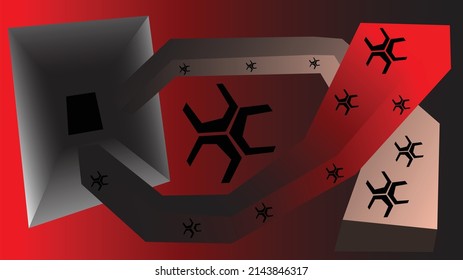 Vector illustration with gradient red-black color. 3D effect with objects. An open tunnel with a black center. Two irregular objects pointing to the center of the box.