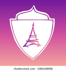 Vector Illustration of Gradient Violet and Pink Shield Banner Paris Eiffel Tower for Logo, Shirt and Print. Flat Line Icon, Sign, Symbol, Graphic Design Outline Silhouette EPS10.