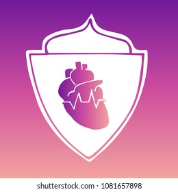 Vector Illustration of Gradient Violet and Pink Shield Banner Heart ECG for Logo, Shirt and Print. Flat Line Icon, Sign, Symbol, Graphic Design Outline Silhouette EPS10.