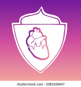 Vector Illustration of Gradient Violet and Pink Shield Banner Heart ECG for Logo, Shirt and Print. Flat Line Icon, Sign, Symbol, Graphic Design Outline Silhouette EPS10.