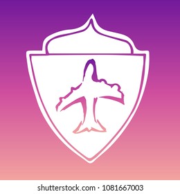 Vector Illustration of Gradient Violet and Pink Shield Banner Airplane Travel for Logo, Shirt and Print. Flat Line Icon, Sign, Symbol, Graphic Design Outline Silhouette EPS10.