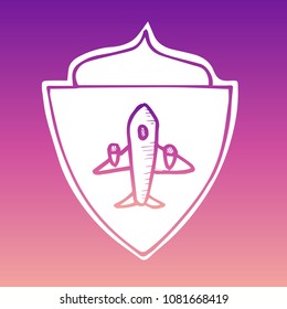 Vector Illustration of Gradient Violet and Pink Shield Banner Airplane Travel for Logo, Shirt and Print. Flat Line Icon, Sign, Symbol, Graphic Design Outline Silhouette EPS10.