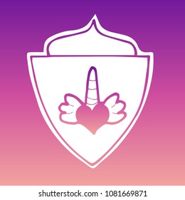Vector Illustration of Gradient Violet and Pink Shield Banner Unicorn Horse Horn for Logo, Shirt and Print. Flat Line Icon, Sign, Symbol, Graphic Design Outline Silhouette EPS10.