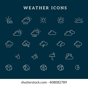 Vector illustration of gradient yellow and blue weather theme icon set on dark blue background with title. Thin line art flat weather design for web, site, widget, interface and mobile application 