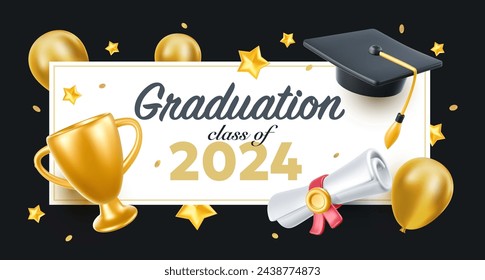 Ilustración vectorial de gorra de graduado y globo de aire sobre fondo blanco y negro. Diseño de estilo 3d de graduados de felicitación 2024 clase con sombrero de graduación y diploma. Palabra de felicitación