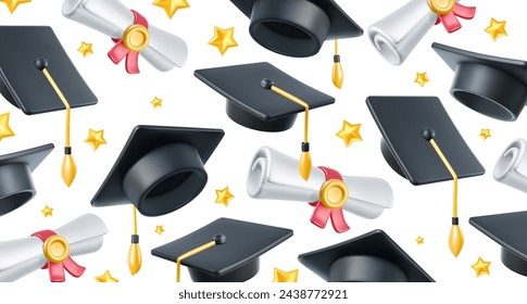 Ilustración vectorial de gorra de graduado y diploma sobre fondo blanco. Patrón de mayúsculas levantadas. diseño de estilo 3d de graduados de felicitación con sombrero de graduación y rollo de diploma para banner web, cartel