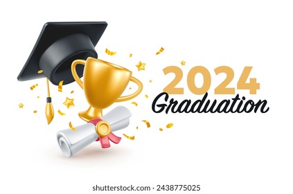 Vector illustration of graduate cap and diploma on white background. 3d style design of congratulation graduates 2024 class with graduation hat and winner cup. Congratulations word for web banner