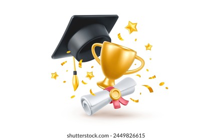 Vector illustration of graduate cap and diploma paper scroll with wax seal on white background with winner cup. 3d style design of congratulation graduates 2024 class with graduation hat and star