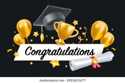 Vector illustration of graduate cap and diploma on black background with air balloon. 3d style design of congratulation graduates 2024 class with graduation hat and winner cup. Graduation word for web