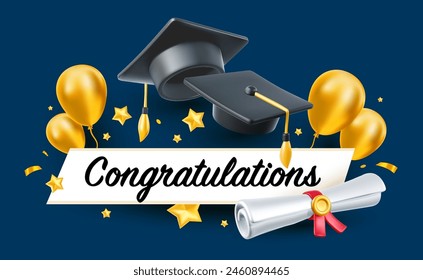 Vector illustration of graduate cap and diploma scroll on blue background. 3d style design of congratulation graduates 2024 class with graduation hat and air balloon. Congratulations word for banner