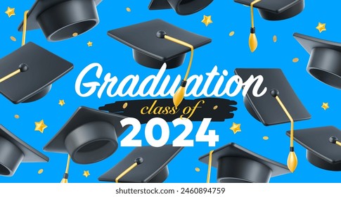 Ilustración vectorial de gorra de graduado y diploma sobre fondo de color azul. Tapones lanzados hacia arriba patrón con palabra. diseño de estilo 3d de los graduados de felicitación 2024 con sombrero de graduación y rollo de diploma