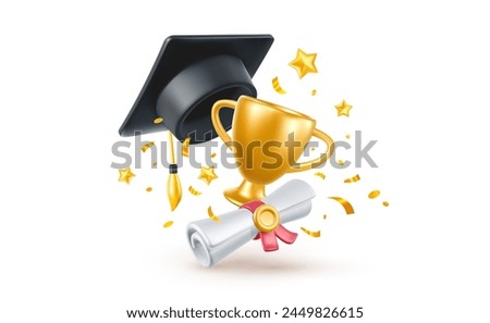 Vector illustration of graduate cap and diploma paper scroll with wax seal on white background with winner cup. 3d style design of congratulation graduates 2024 class with graduation hat and star