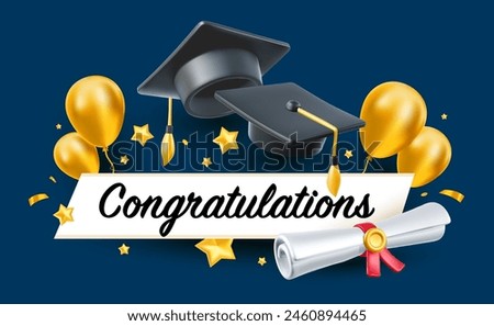 Vector illustration of graduate cap and diploma scroll on blue background. 3d style design of congratulation graduates 2024 class with graduation hat and air balloon. Congratulations word for banner