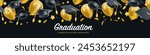 Vector illustration of graduate cap and flying golden air ballons on black background. Caps thrown up and air ballons pattern. 3d style design of congratulation graduate 2024 class with graduation hat