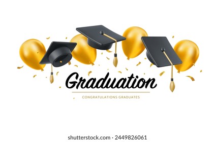 Vector illustration of graduate cap and flying golden air ballons on white background. Caps thrown up and air ballons. 3d style design of congratulation graduates 2024 class with graduation hat