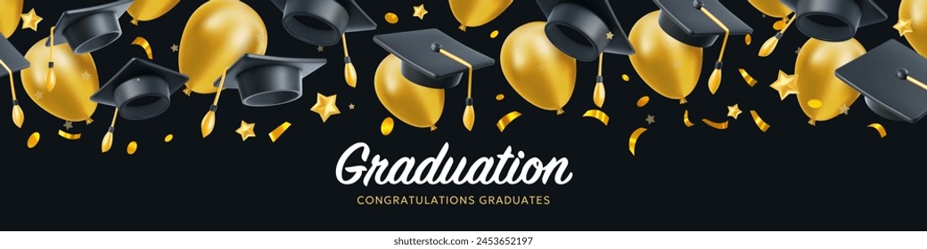 Ilustración vectorial de gorra de graduado y globos aéreos dorados voladores sobre fondo negro. Gorras levantadas y patrón de globos de aire. diseño de estilo 3d de la clase de graduado de felicitación 2024 con sombrero de graduación