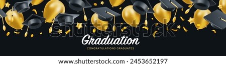 Vector illustration of graduate cap and flying golden air ballons on black background. Caps thrown up and air ballons pattern. 3d style design of congratulation graduate 2024 class with graduation hat