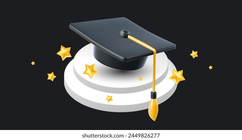 Ilustración vectorial de gorra graduada en pedestal y estrella dorada sobre fondo negro. diseño de estilo 3d de los graduados de felicitación 2024 clase con sombrero de graduación y estrella para el Web, sitio, Anuncio, tarjeta