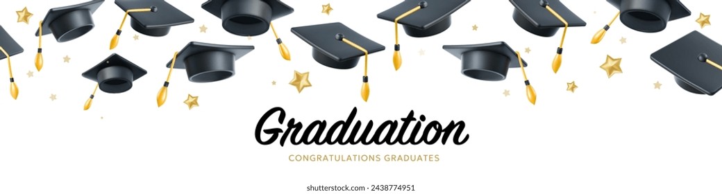 Ilustración vectorial de gorra de graduado y estrella sobre fondo blanco. Patrón de mayúsculas levantadas. diseño de estilo 3d de graduados de felicitación 2024 clase con sombrero de graduación y palabra de felicitaciones para banner