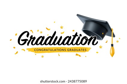 Vector illustration of graduate cap and star on white background. 3d style design of congratulation graduates 2024 class with graduation hat and congratulations word for web banner