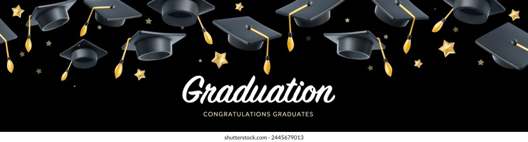 Vector illustration of graduate cap and star on black background. Caps thrown up pattern. 3d style design of congratulation graduates 2024 class with graduation hat and congratulations word for banner