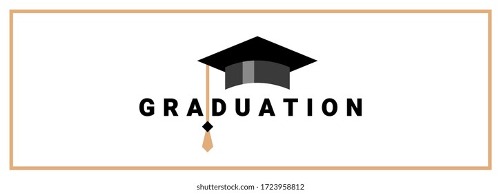 Vector illustration of graduate cap with tassel and word graduation on white background in frame. Congratulation graduate class of graduation. Flat style design for greeting card, banner, invitation