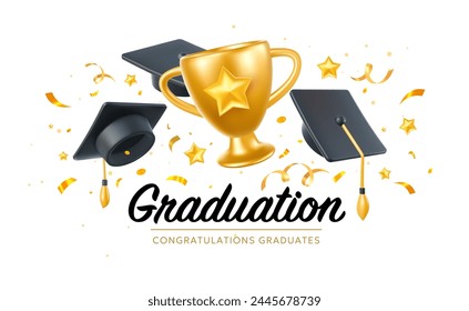 Vector illustration of graduate cap and winner cup on white background. 3d style design of congratulation graduates 2024 class with graduation hat and champion cup. Congratulations word for web banner