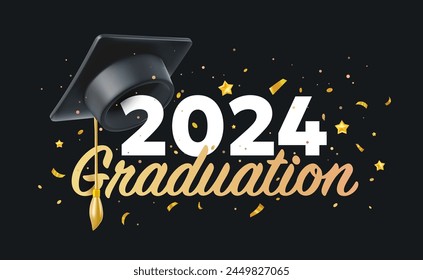 Vector illustration of graduate cap and word graduation on black background with number 2024. 3d style design of congratulation graduates 2024 class with graduation hat and congratulations word