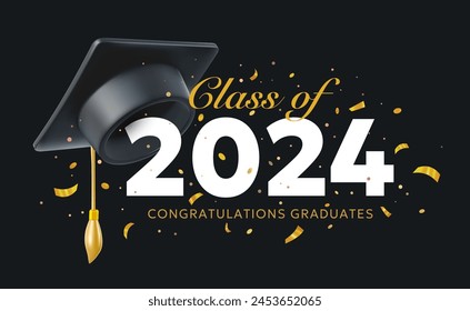 Vector illustration of graduate cap and word graduation on black background with number 2024 and confetti. 3d style design of congratulation graduates 2024 class with graduation hat and congratulation