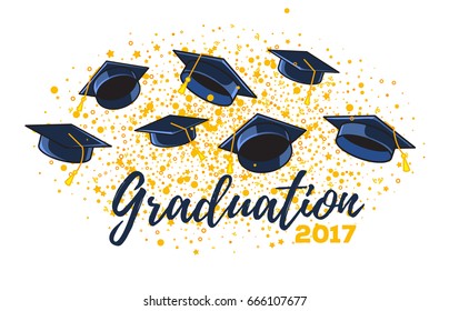 Vector illustration of graduate caps and confetti on a white background. Caps thrown up. Congratulation graduates 2017 class of graduations. Design of greeting card for the graduation party with hat