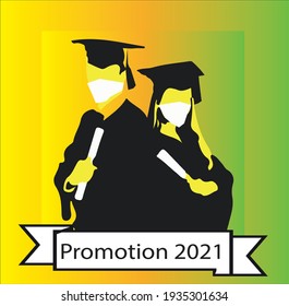 Vector illustration, graduate couple with black cap and gown and mask, promotion 2021