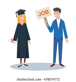 Vector Illustration Of A Graduate And Employer. Job Vacancy