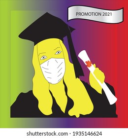 
Vector Illustration, Graduate Girl, With Cap, Gown, Mask And Diploma In Hand, Promotion 2021.