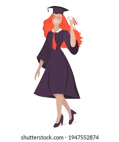 Vector illustration of a graduate girl in a gown with a diploma shows success, joy, achievement, isolated on a white background.