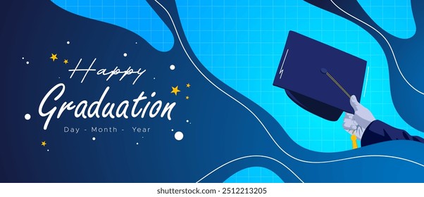 Ilustración vectorial de un graduado sosteniendo y levantando un rollo de papel. diseño con el concepto de graduación, educación, escuela. Graduación feliz. diseño para la educación y la graduación Anuncios temáticos	