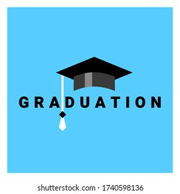 Vector illustration of graduate shine cap with tassel and word graduation on blue background in frame. Congratulation graduate class of graduation. Flat style design for greeting card, invitation