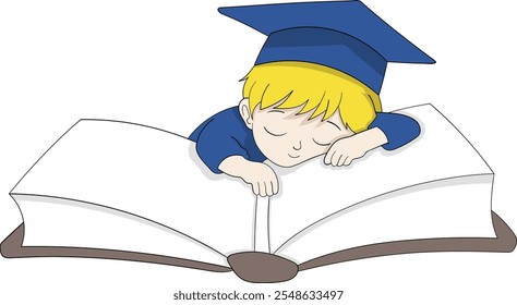 Ilustración vectorial de un estudiante graduado con gorra y bata mientras duerme en un Grande libro abierto, que simboliza la fatiga del estudio y la falta de motivación