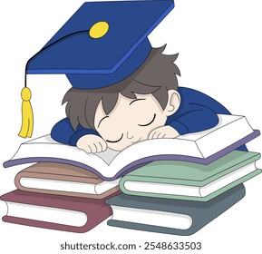 Ilustración vectorial de un graduado con gorra y bata mientras duerme en una pila de libros coloridos, que simbolizan el agotamiento del estudio y los desafíos de la vida académica