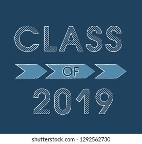 vector illustration of a graduating class of 2019 text graphics blue handwriting elements for t-shirts, and the idea for the sign or badge