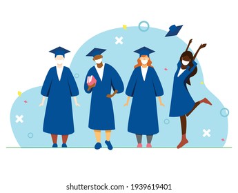 Vector illustration of graduating students during a pandemic, wearing suits and masks on a blue background. Flat image