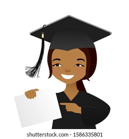 Vector illustration of graduating young student. Cute african american girl in graduate gown and mortarboard, squeare academic cap in cartoon style.