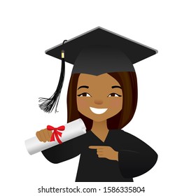 Vector Illustration Of Graduating Young Student. Cute Girl In Graduate Gown And Mortarboard, Squeare Academic Cap In Cartoon Style.