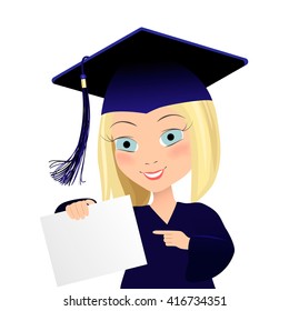 Vector illustration of graduating young student. Cute girl in graduate gown and mortarboard, square academic cap, cartoon style. Successful graduating university student isolated on white background.