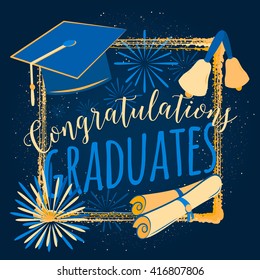 Vector illustration graduation background congratulations graduates, color design for the graduation party. Typography greeting, invitation graduation card with sunburst, diplomas, hat, bells